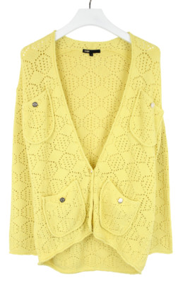 Maje Medina Sweater Womens Large Cardigan Open Knit Belted Pockets Yellow