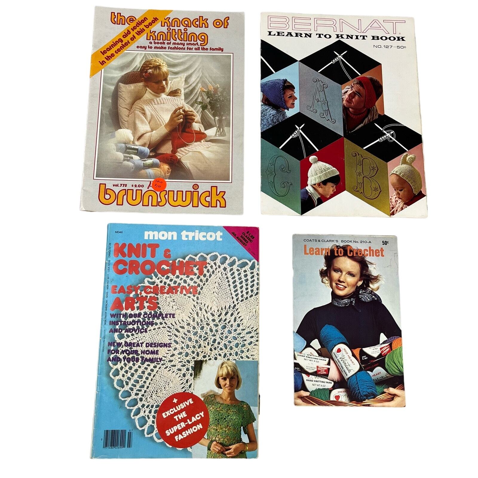 Винтажный научиться вязать и вязать крючком журнал книга лот комплект из 4 Bernat Brunswick