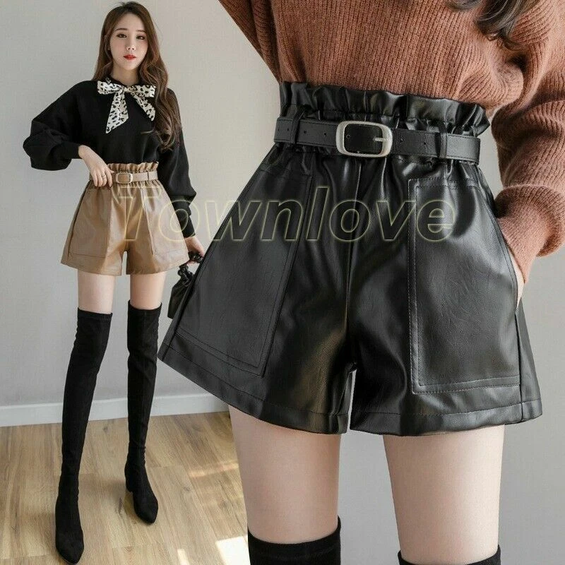 Women Faux Leather Wide Leg High Waist Shorts Belt Casual Loose Short Pants HOT