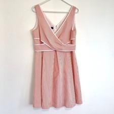 NINE WEST White Coral Orange Stripe Crossover Knee Fit & Flare Dress PETITE 14P