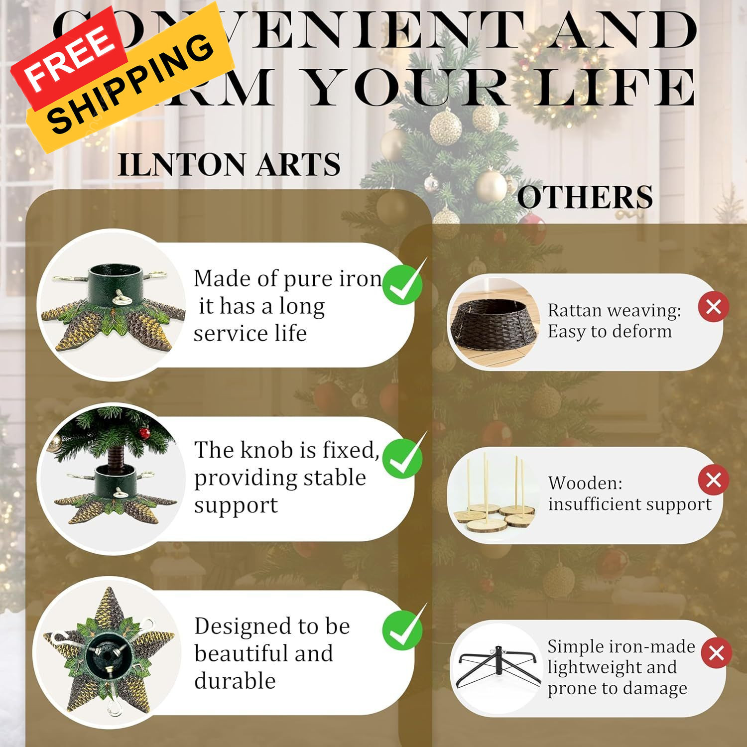 Christmas Tree Stand for Real Trees, Cast Iron Artificial Pinecone 