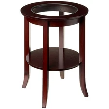 Accent Table Wood Genoa End Tables Round Side Modern Inset Glass Espresso New