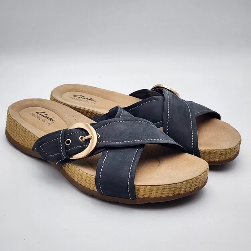 Sandali Clarks donna Reileigh May slide US 9 larghi blu navy fibbia nabuk