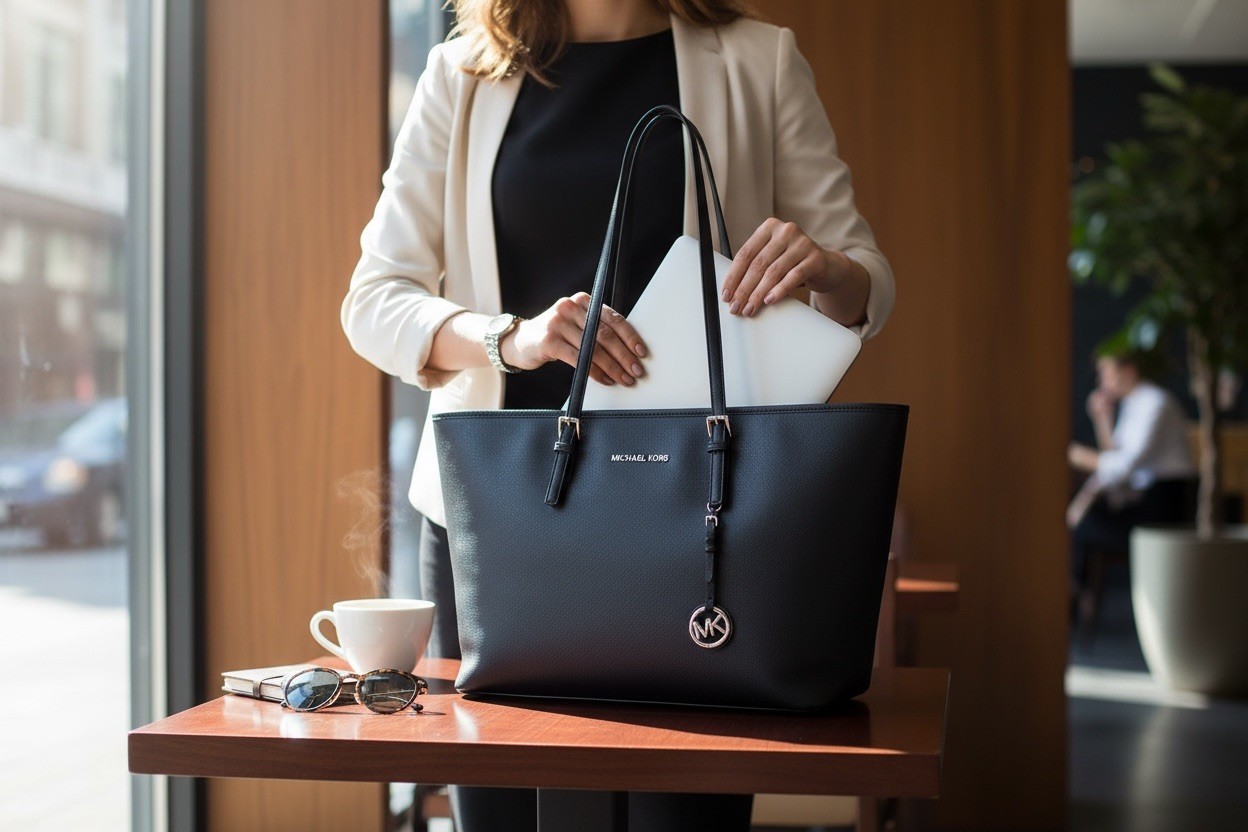 Michael Kors Jet Set Travel Black Top-Zip Saffiano Leather Tote Bag.