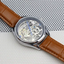 Men Skeleton Bridge Movement Automatic Mechanical Watch Leather Band Multi Color