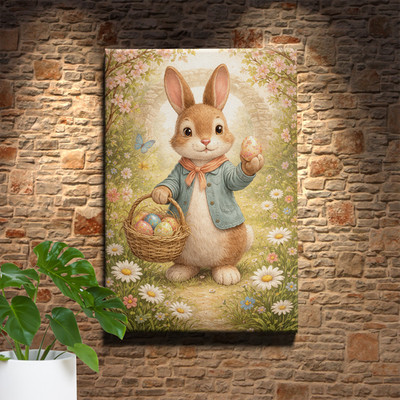 Easter Bunny With Eggs Wall Art Spring Daisies And Butterflies Illustration