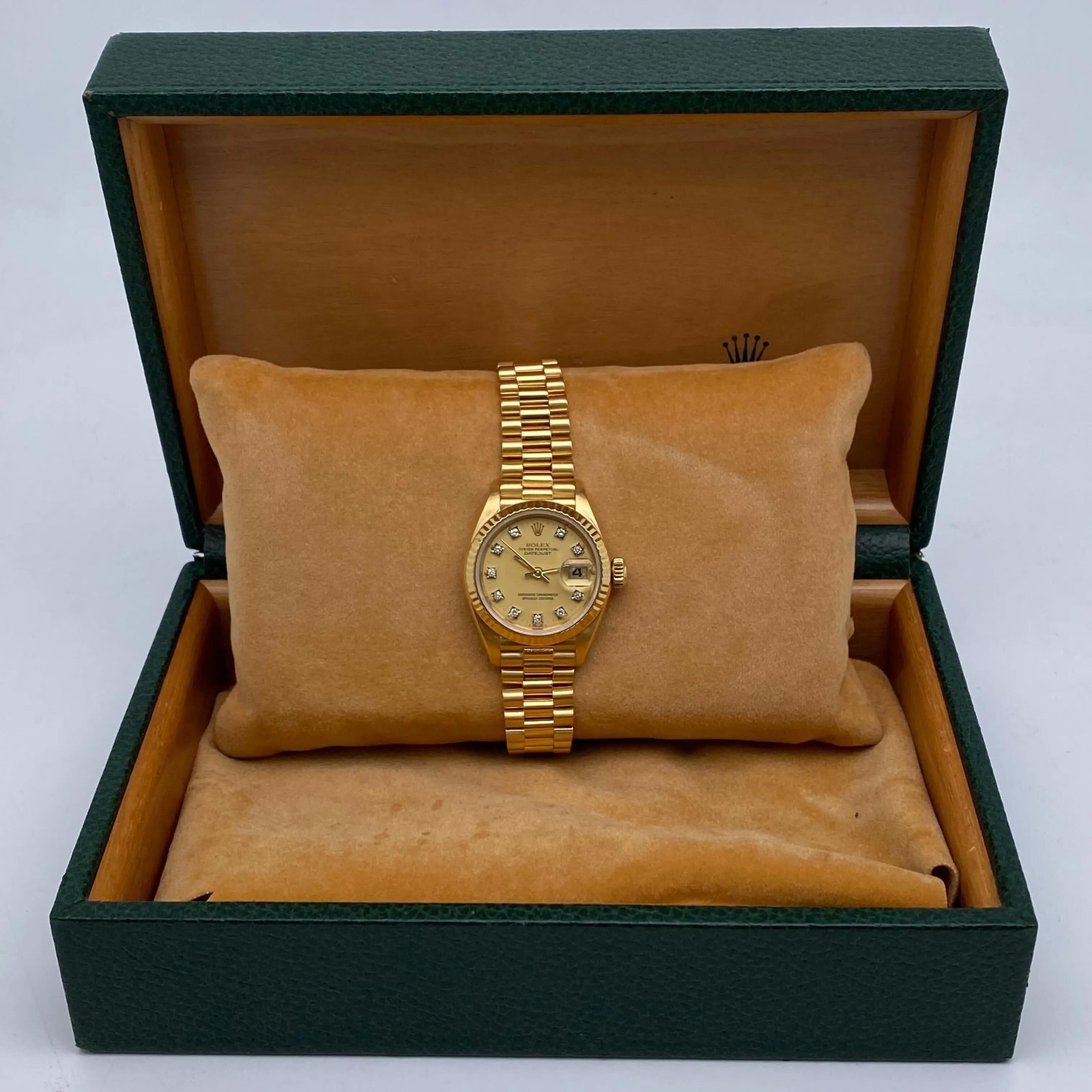 Rolex President Datejust 26mm 18K Yellow Gold Champagne Diamond Dial Watch 69178