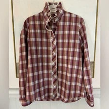 SHAPELY Cottagecore Prairie Mock Neck Button Down Plaid Maroon Shirt Size 12