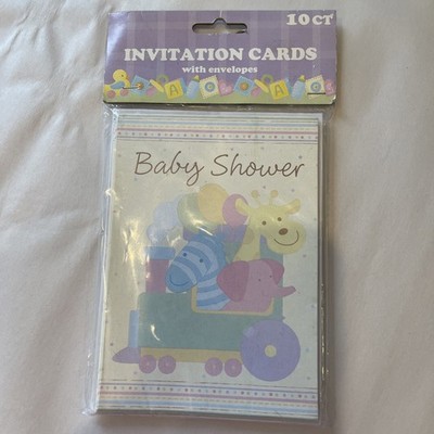 Baby Shower Invitation Cards 10 Count | Includes Envelopes | Pastel Animal Train