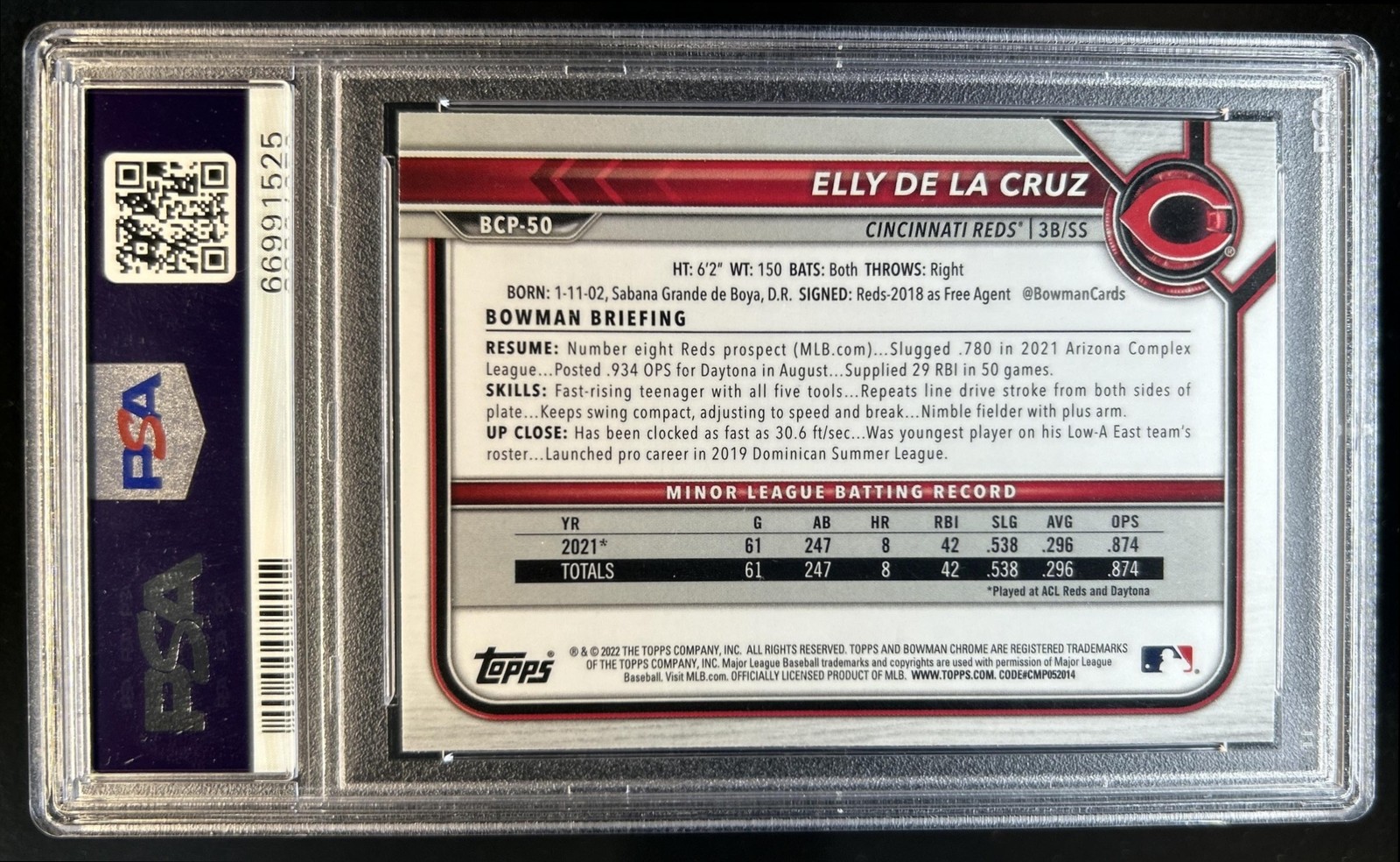 2022 Bowman Mega Box Elly De LA Cruz Mojo Refractor #BCP-50 Reds PSA 10 GEM MINT view 2