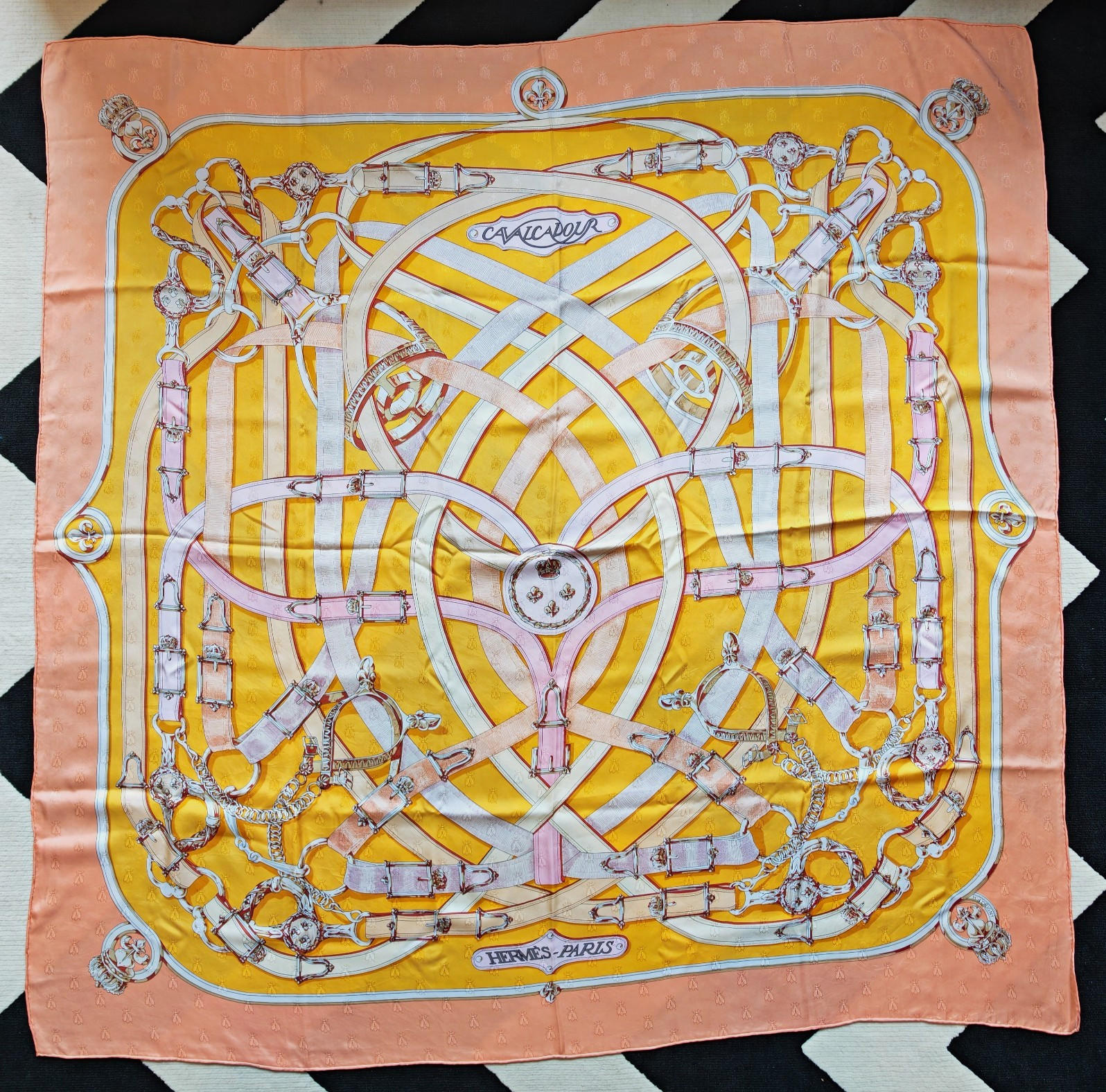 Hermès Silk Scarf Cavalcadour Bee Jacquard Weave. Carre Geant 140 Henri d'Origny