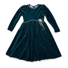 90s Vintage Rebecca Raggs Original Girl Green Velvet Dress Lace Trim Bow Size 14