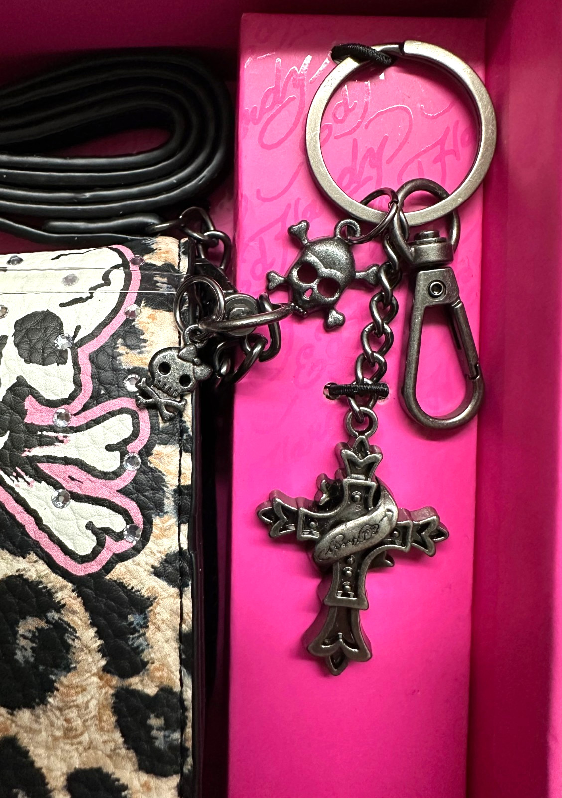 ED HARDY Gift Set Heart Skull Micro RARE! Crossbody Wallet Purse & Key Ring