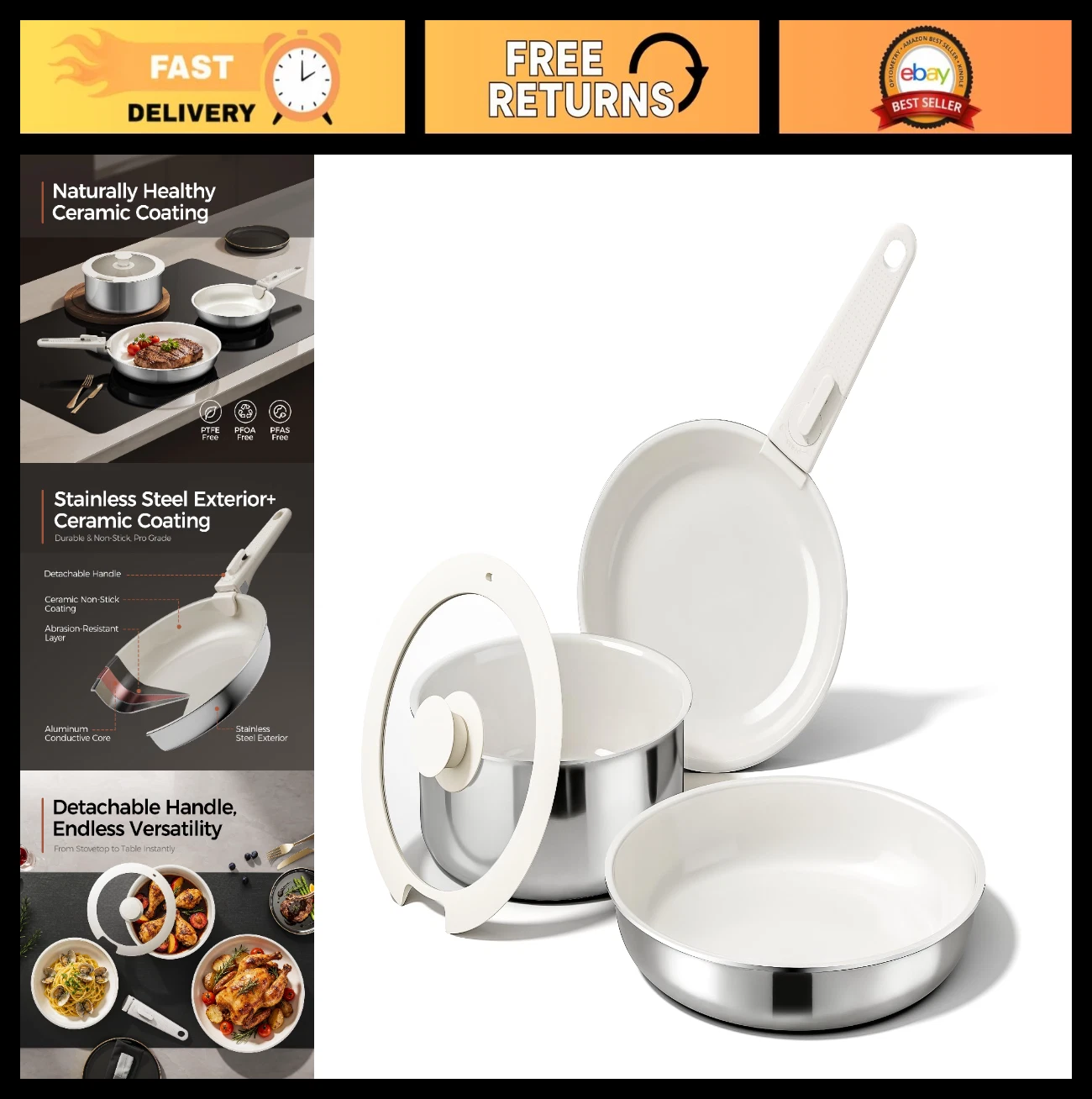 5pcs Nonstick Cookware Set - Diamond-Titanium Ceramic, Stainless Steel Pots & Pa
