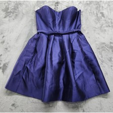 Eliza J Dress Womens 12 Blue Satin Strapless Sweetheart Belted Fit & Flare Mini