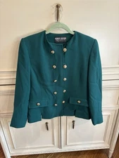Vintage Herbert Grossman Green Skirt Suit Gold Buttons Wool Sz 8 USA Union Tag