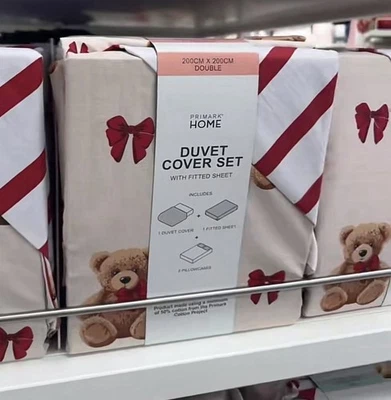 Primark Viral Teddy Bear Christmas Double Duvet Bedding Set & Fitted Sheet BNWT