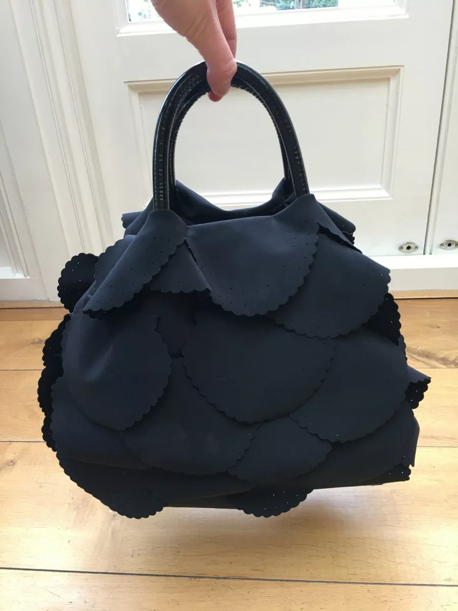 Emporio Armani Black Peach Silk Lined Scalloped Layered Shiny Hand Bag