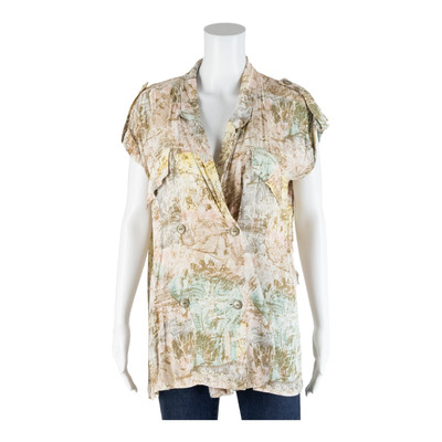 Damen Bedrucktes Top Beige Mit Kragen Ärmellos Verrücktes Muster UK 10