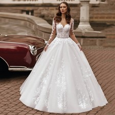 Elegant Wedding Dresses Long Sleeves O-Neck Lace Applique BridalGown Sweep Train