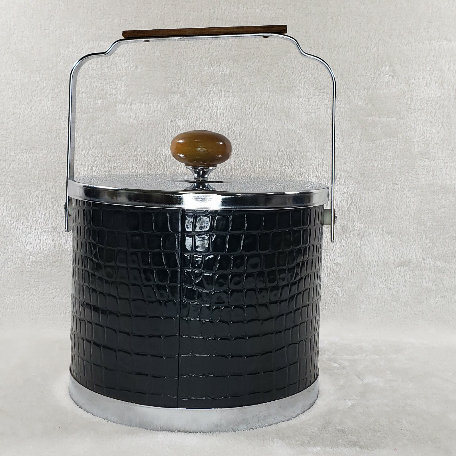Vintage Retro Black Faux Leather Alligator Ice Bucket Chrome Lid by Atapco