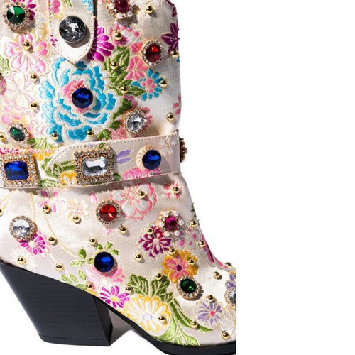 Women's Pointed Toe Side Zipper Embroidered Rhinestone Leather Plus Size Boots - Picture 17 of 30