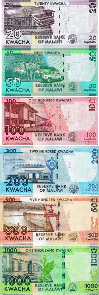 Malawi Set 20, 50, 100, 200, 500, 1000 Kwacha, Juego de 6 Billetes, Sin Circular Foto 2 de 2