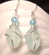 Lite AQUA sea glass oval hand wired silver design dangle earrings with bead