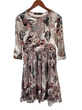 Peruvian Connection Floral Print Dress Long Sleeve Pleated Lined Bodice  3/4 S