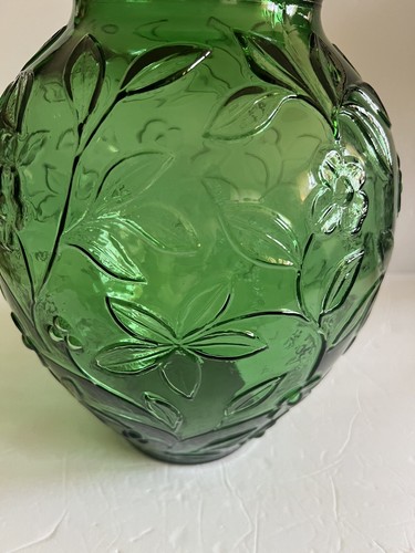 Large Green Globular Glass Vase With Pressed Floral Motifs 12” - Picture 9 of 12