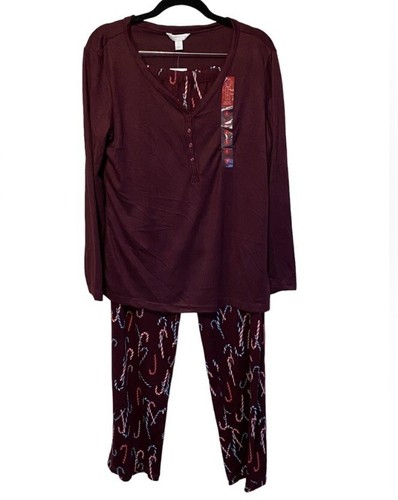 Charter Club Women's Burgundy Candy Cane Soft Knit Pajama Set 2 Piece NWT - Picture 2 of 9