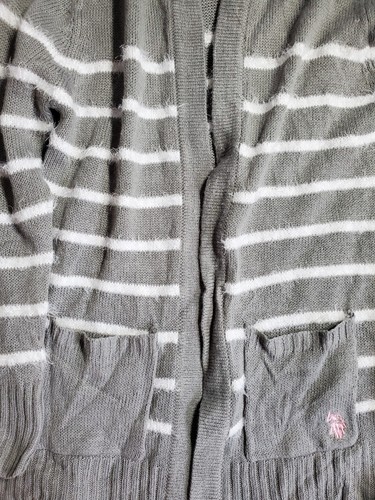 US Polo Assn. Girl Open Hooded Cardigan Sweater White Stripes size L (14/16) - Picture 4 of 8