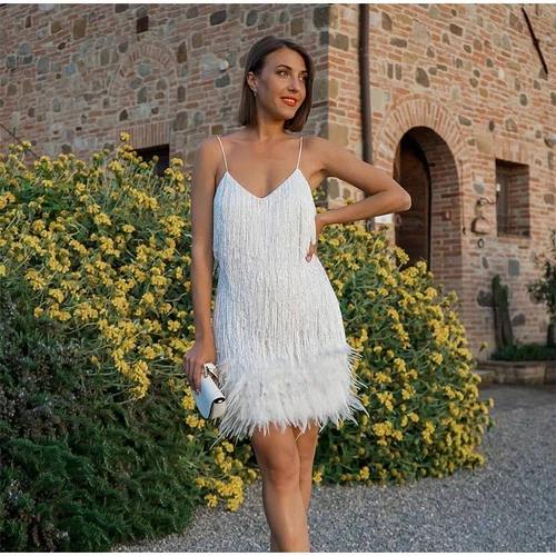 Women Fringe Sequin Feather Stitching Dress Slim V-Neck Dresses Female Slip - Imagen 19 de 33