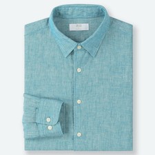 NWOT UNIQLO Shirt Men M Linen Blue Teal Long-Sleeve Button-Up Pocket Classic