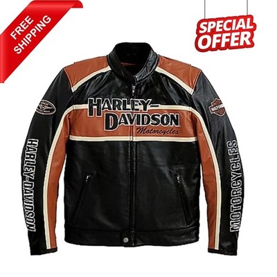 Harley Davidson Men's Black Motorcycle Jacket Real Cowhide Leather Biker Jacket