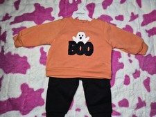 3/6 Months Orange/Black Halloween Ghost "Boo" Sweatshirt Jogger- New