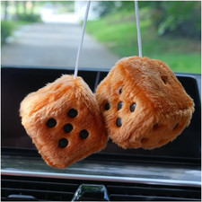 Pair of Retro Square, 3 Inch Fuzzy Plush Dice with Dots, Car Mirror Hanging Deco