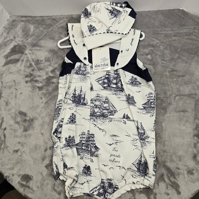 Absorba Baby Boys Nautical Ship Print Romper and Hat Set Navy White 24M NWT
