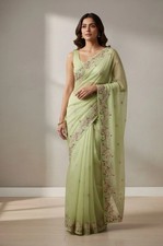 Green Net Saree  Women's Embroidered  Indian Pakistani Designer Sari NEW