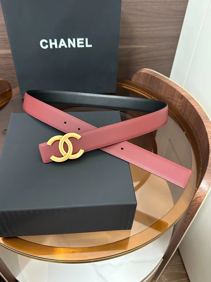 New CHANEL Belt Gold/Silver Logo Black/Red Reversible Calfskin Leather Belt 3.0C - Image 2 of 4
