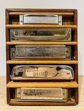 Vintage Hohner Harmonicas Set + Handmade Oak Stand – Blues Harp/Echo/Chromonica