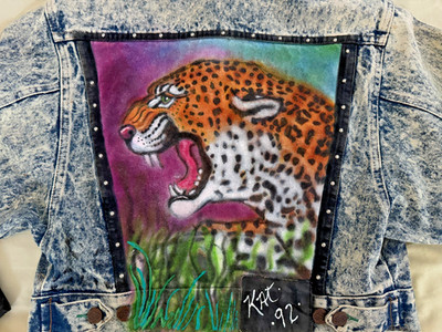 Vintage 1992 Bongo Hand Painted Denim Jacket Jaguar Leopard Big Cat Art Signed S