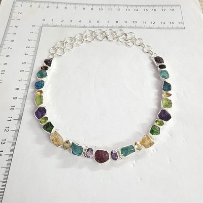 Natural Multi Rough Single Line Necklace 925 Sterling Silver Handmade Jewelry .