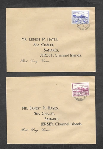 JERSEY 1943 2xDIFF'T FIRST DAY COVERS  2 1/2d & 3d VIEWS 'JERSEY' FDDS.