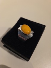 Vintage Sterling Silver Yellow Amber Ring Bold Color Size 11 Artist Stamped 925