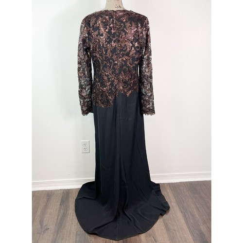Vestido de crepé manga larga Kanya negro cobre talla 14 Tadashi Shoji nuevo con etiquetas - Imagen 6 de 8