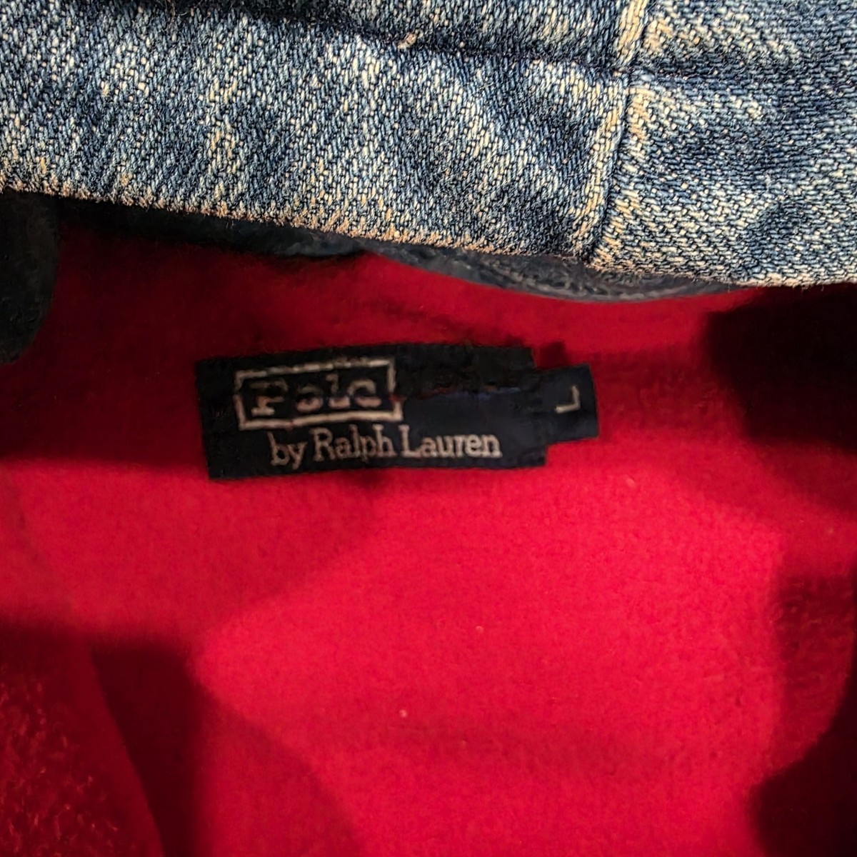 vtg Polo Ralph Lauren Jacket Size L Blue Denim Jean Hooded Red
