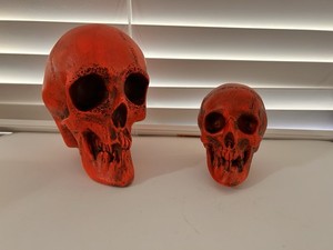 2 EA. RANDOTTI ORIGINAL LARGE & MEDIUM FLUORESCENT RED SKULLS STILL GLOW