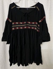 American Eagle Outfitters Black Embroidered Boho Mini Dress XS Bell Sleeve