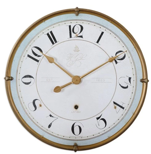 UTTERMOST 6091 TORRIANA WALL QUARTZ CLOCK ANTIQUE GOLD FRAME IVORY PALE BLUE - Picture 2 of 2